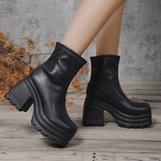Women's Sexy Leather Short Boots — Square Toe Zipper High Heel Casual Thick Sole Ankle Boots