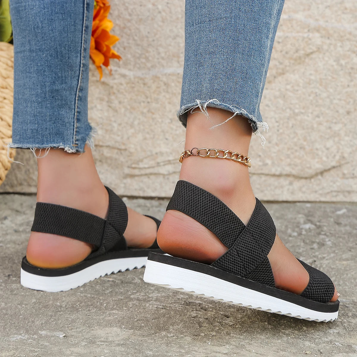 Women's Anti-Slip Flat Sandals — Fashion Trend Colour-Sole Pure Black Shoelace Design