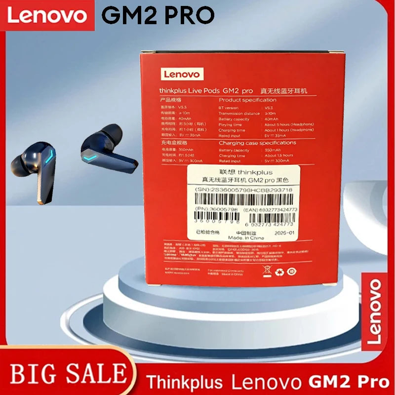 Lenovo GM2 Pro Wireless Gaming Earphones — Bluetooth 5.3, Low Latency Dual Mode, Sports Earbuds with Mic