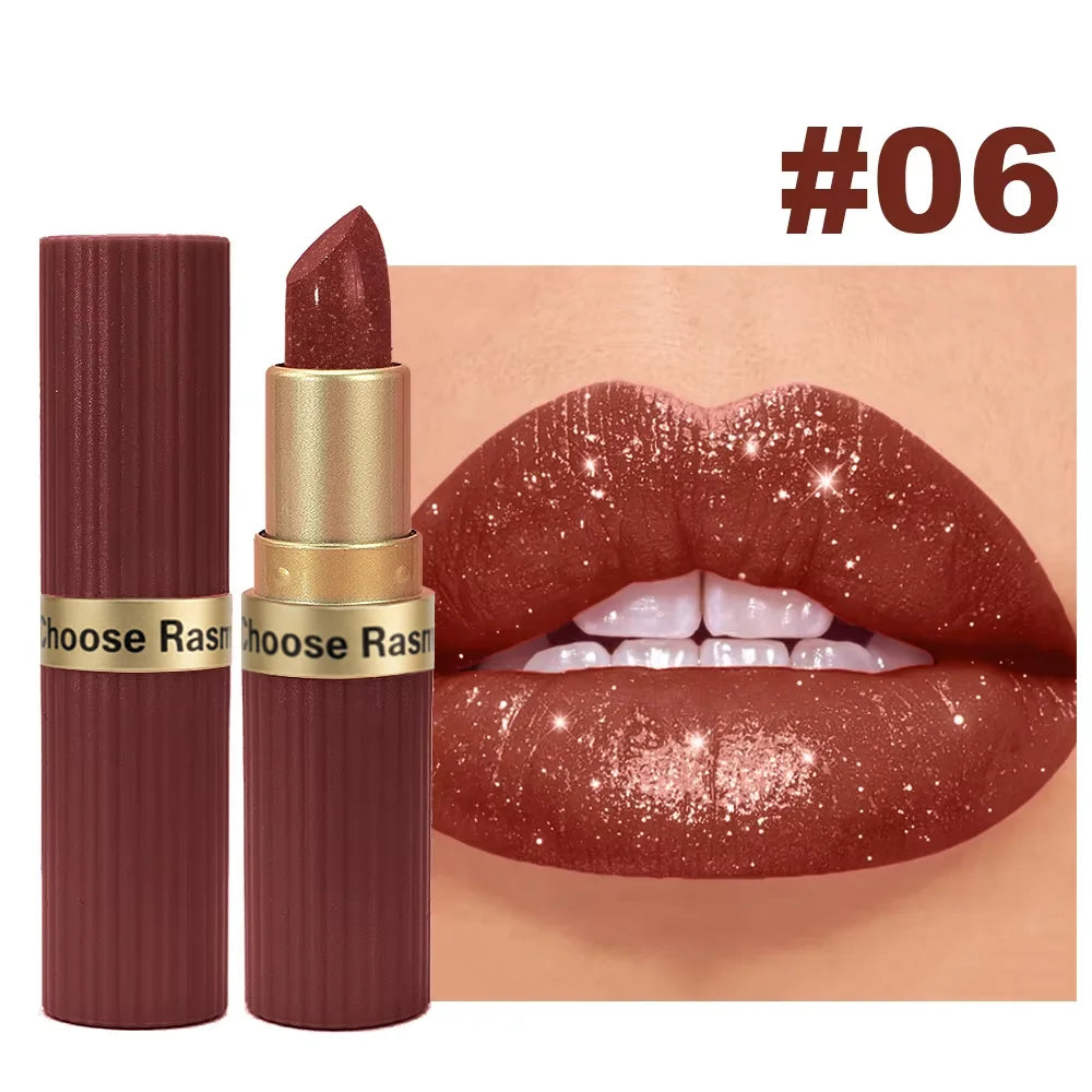 6-Shade Pearlescent Glitter Lipstick – Pink & Nude Tones