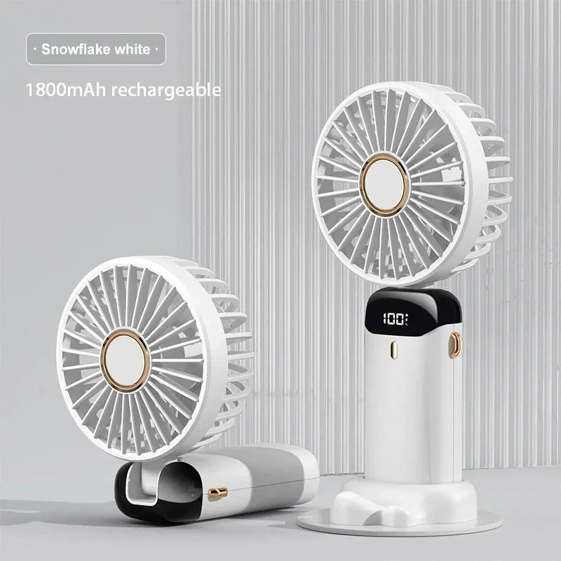 Portable Handheld & Neck Hanging Fan — 5-Speed USB Rechargeable Fan with Phone Stand & Display Screen (1800mAh)