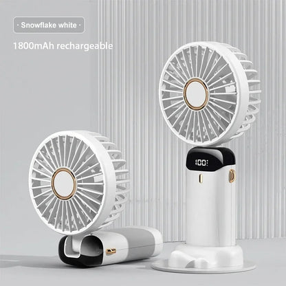 Portable Handheld & Neck Hanging Fan — 5-Speed USB Rechargeable Fan with Phone Stand & Display Screen (1800mAh)