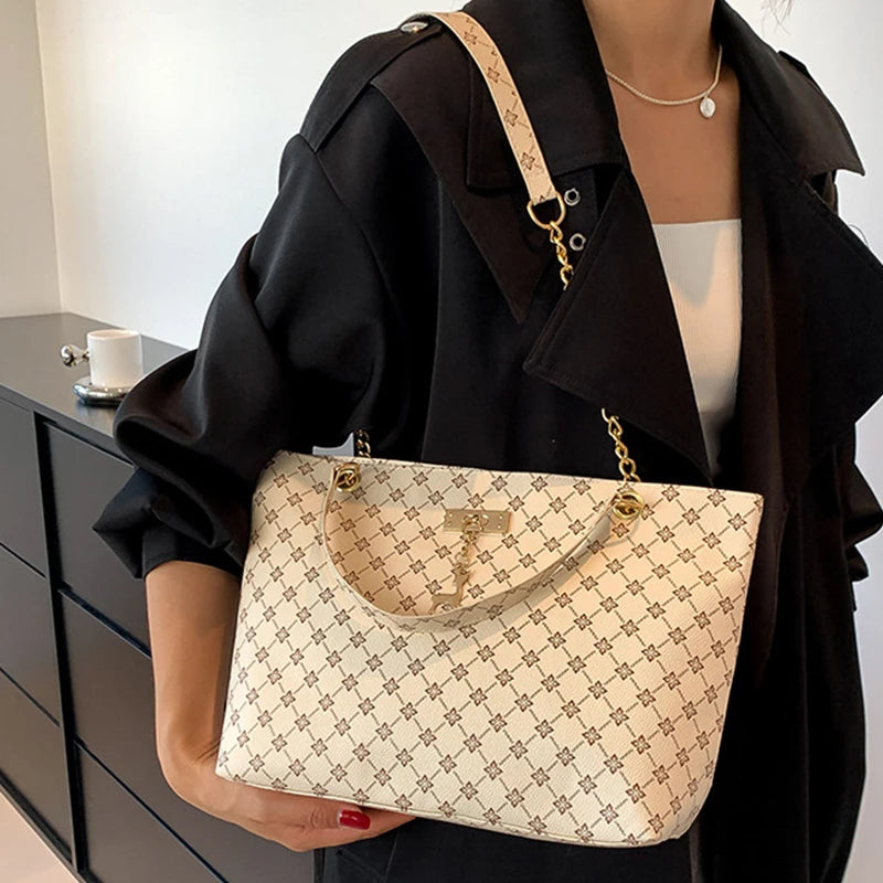 Soft Leather Large Capacity Tote Bag — Textured Shoulder Handbag with Hanging Accessories for Women