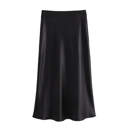 Willshela Black Satin Midi Skirt — Elegant & Versatile Women's Fashion