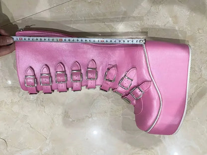 Gothic Cosplay High Heel Platform Wedge Boots — Buckle Strap Long Tube Leather Boots for Women (Plus Size)