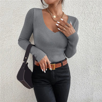 Women's Ribbed V-Neck Knit Sweater — Y2K Long Sleeve Pullover Top