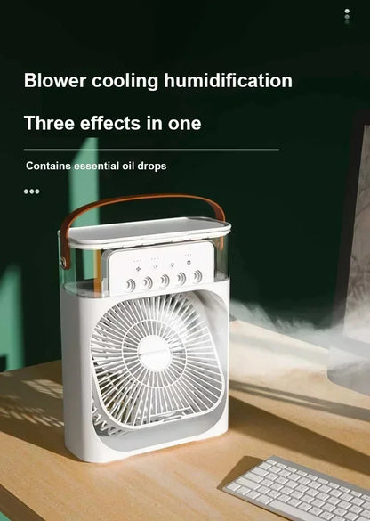3-in-1 Mini Air Cooler Fan — Portable USB Humidifier, LED Night Light & Personal Air Conditioner