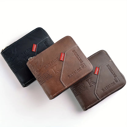 Men's PU Wax Oil Skin Zipper Wallet — Short Coin Purse & Card Holder with Zip-Around Closure