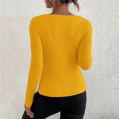 Women's Ribbed V-Neck Knit Sweater — Y2K Long Sleeve Pullover Top
