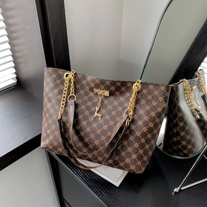 Soft Leather Large Capacity Tote Bag — Textured Shoulder Handbag with Hanging Accessories for Women