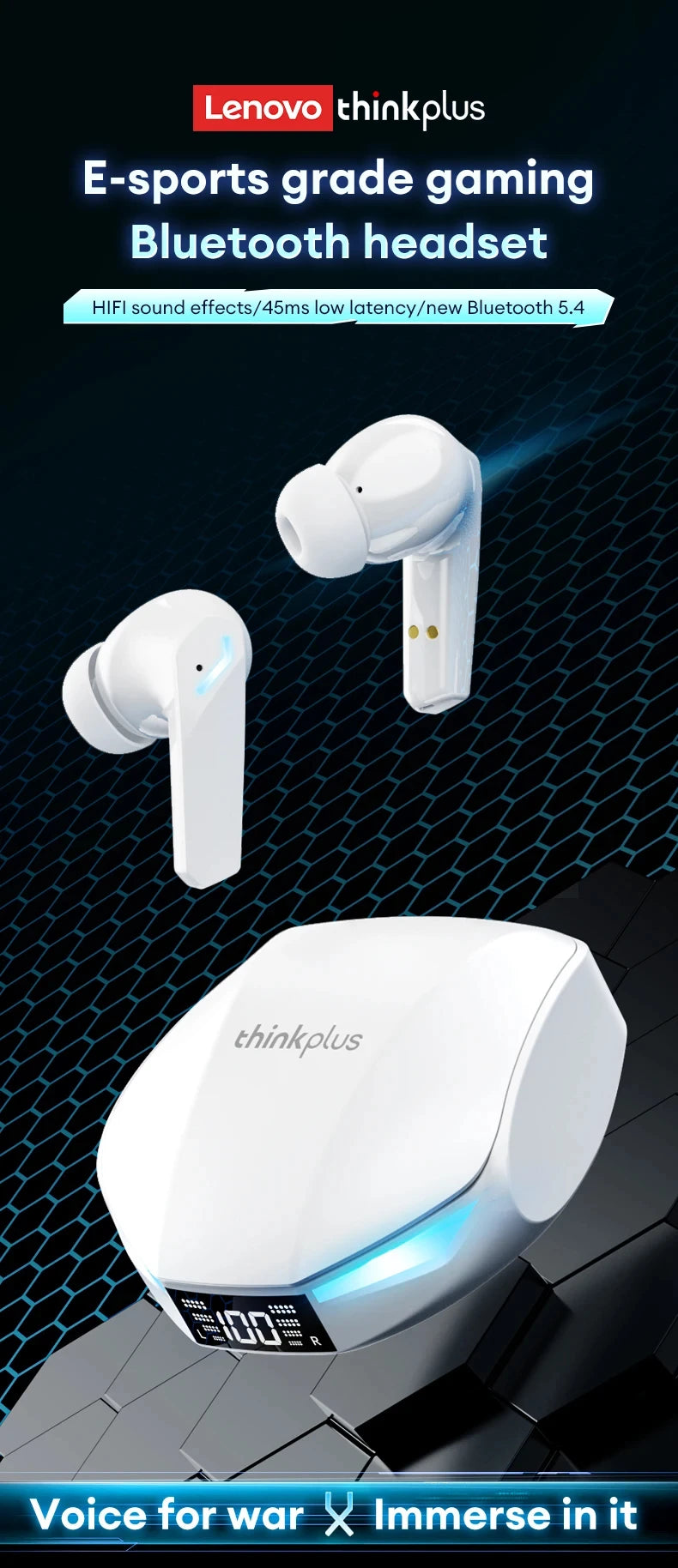 Lenovo XT53 Wireless Earbuds — Bluetooth 5.4, LED Display, Low Latency Gaming & Waterproof Design