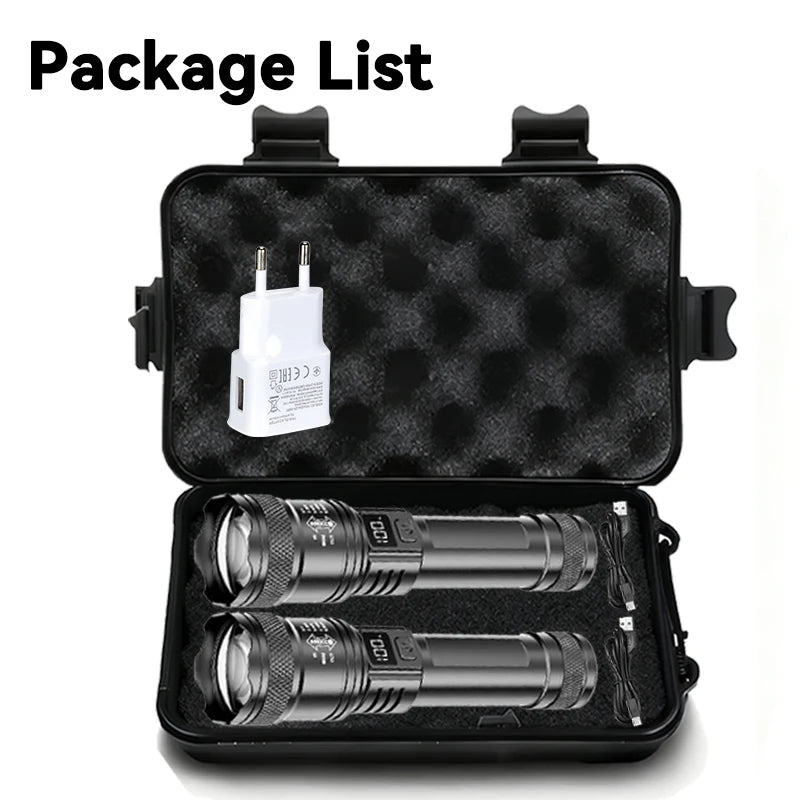 2000LM Tactical LED Flashlight — USB Rechargeable Zoomable Torch with Display for Camping, Fishing & Emergency