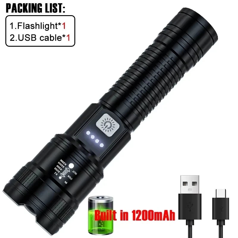 2000LM Tactical LED Flashlight — USB Rechargeable Zoomable Torch with Display for Camping, Fishing & Emergency