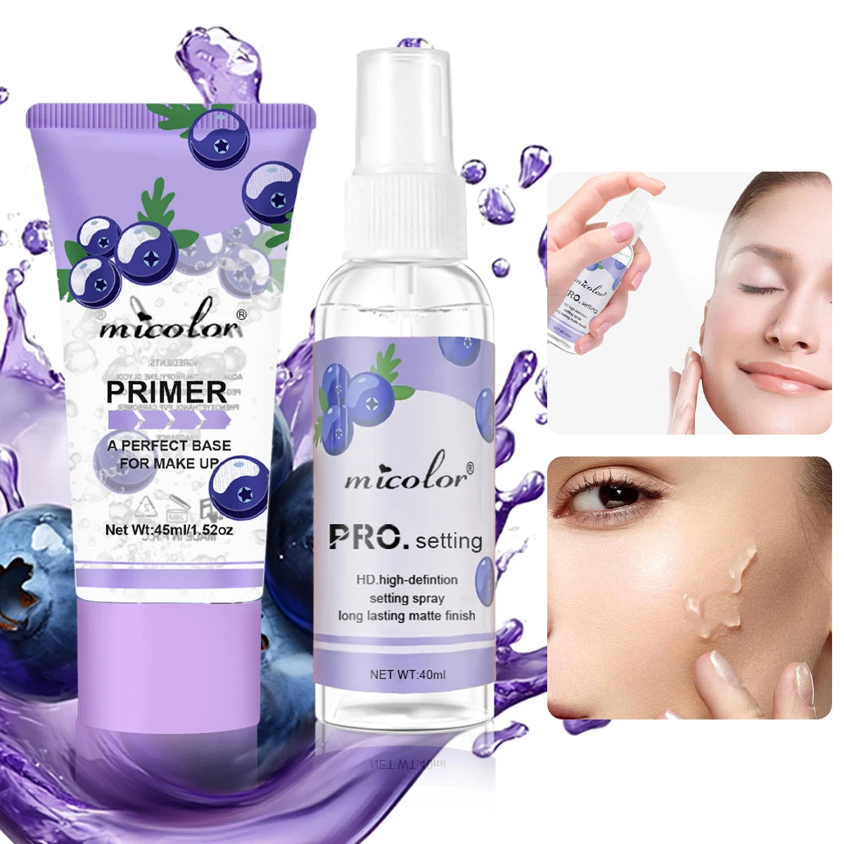 Makeup Primer & Setting Spray Set — Invisible Pore Color Rendering Base & Long-Lasting Finishing Spray