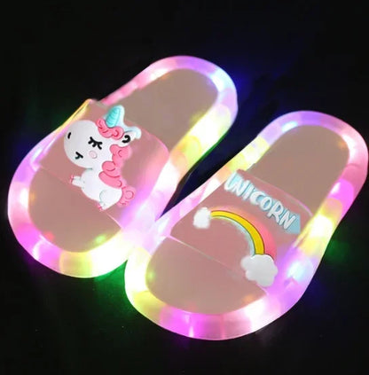 Kids Cartoon Unicorn Light-Up Slippers — Cute Animal Print Bathroom Toddler Shoes for Boys & Girls
