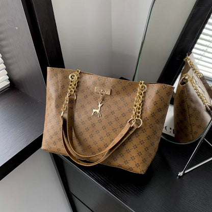 Soft Leather Large Capacity Tote Bag — Textured Shoulder Handbag with Hanging Accessories for Women
