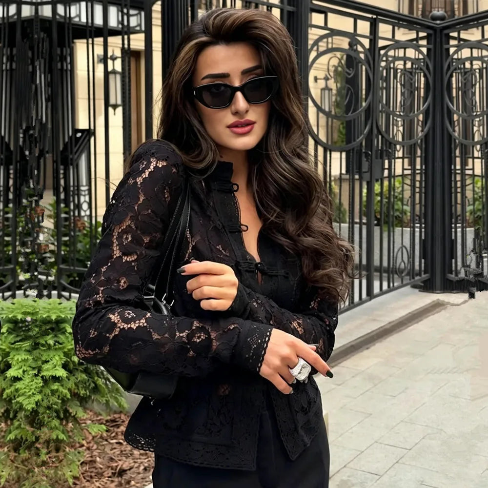 Women's Vintage Lace Blouse — Elegant Embroidery Puff Sleeve Top