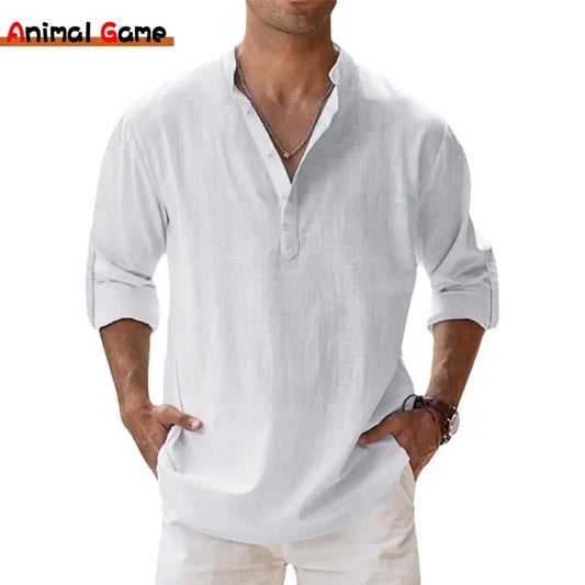 Men's Cotton Linen Long Sleeve Shirt — Lightweight Henley Beach & Hawaiian Style