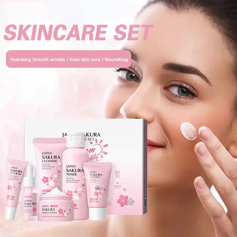 Sakura 6-Piece Skincare Gift Set — Face Cream, Serum, Toner, Cleanser, Sunscreen & Eye Cream