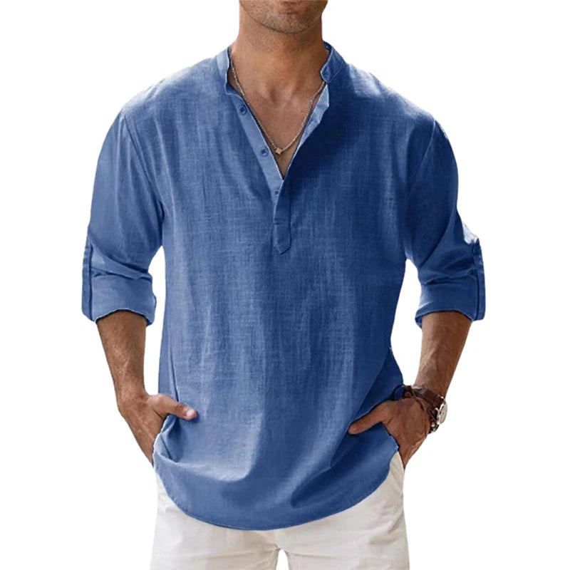 Men's Cotton Linen Long Sleeve Shirt — Lightweight Henley Beach & Hawaiian Style