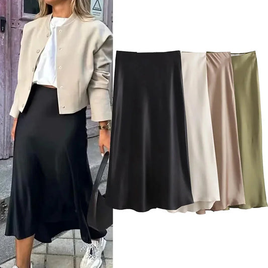 Willshela Black Satin Midi Skirt — Elegant & Versatile Women's Fashion