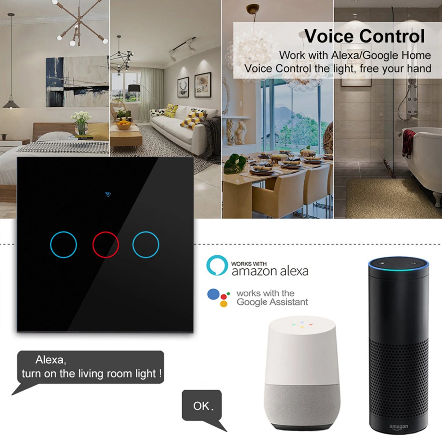 EU WiFi Smart Light Switch — No Neutral Wire, Touch & RF433, Tuya App, Alexa & Google Home