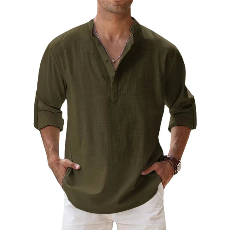 Men's Cotton Linen Long Sleeve Shirt — Lightweight Henley Beach & Hawaiian Style