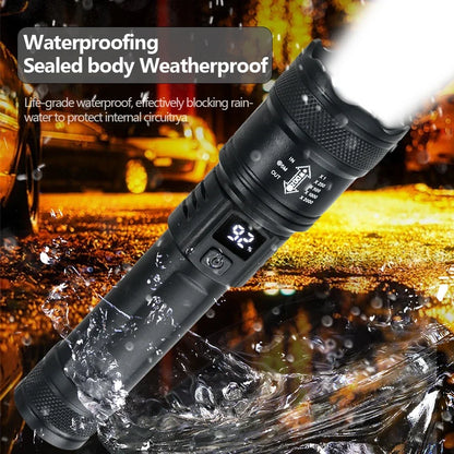 2000LM Tactical LED Flashlight — USB Rechargeable Zoomable Torch with Display for Camping, Fishing & Emergency