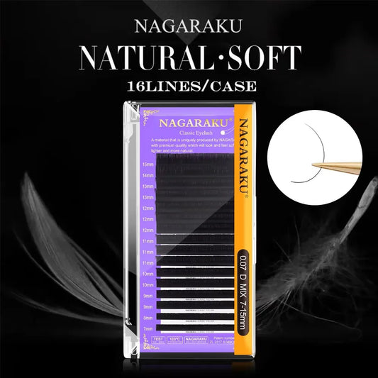 NAGARAKU 16-Row Classic Individual Eyelash Extensions — Matte Black Professional Soft Natural Lashes