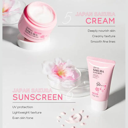 Sakura 6-Piece Skincare Gift Set — Face Cream, Serum, Toner, Cleanser, Sunscreen & Eye Cream