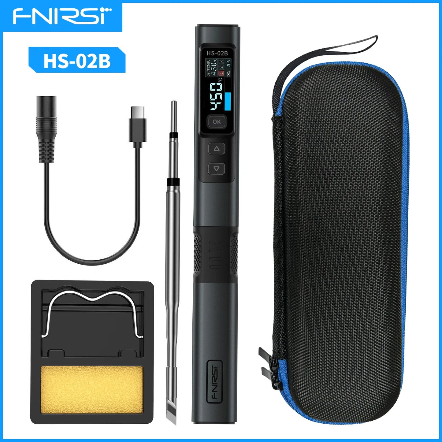 FNIRSI HS-02 Portable Soldering Iron — 100W PD, Adjustable 100-450°C Temperature & Fast Heating