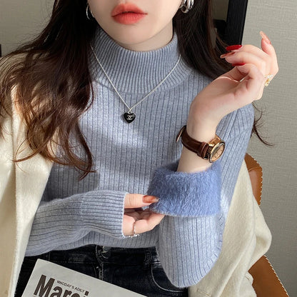 Women's Retro Turtleneck Sweater — Velvet-Lined Thermal Knit Pullover