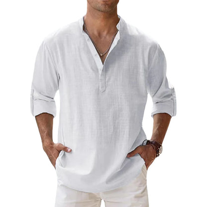 Men's Cotton Linen Long Sleeve Shirt — Lightweight Henley Beach & Hawaiian Style