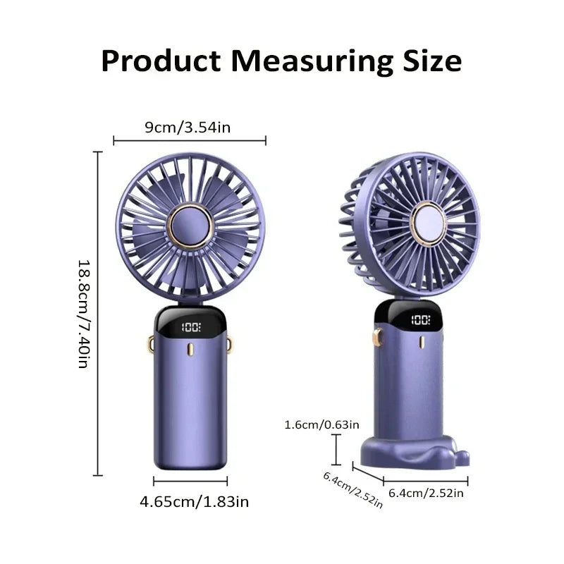 Portable Handheld & Neck Hanging Fan — 5-Speed USB Rechargeable Fan with Phone Stand & Display Screen (1800mAh)