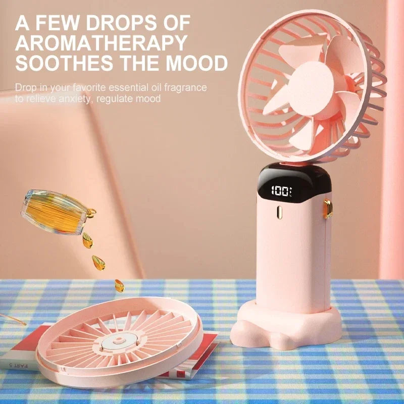 Portable Handheld & Neck Hanging Fan — 5-Speed USB Rechargeable Fan with Phone Stand & Display Screen (1800mAh)