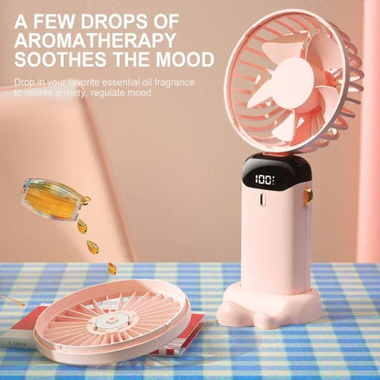Portable Handheld & Neck Hanging Fan — 5-Speed USB Rechargeable Fan with Phone Stand & Display Screen (1800mAh)