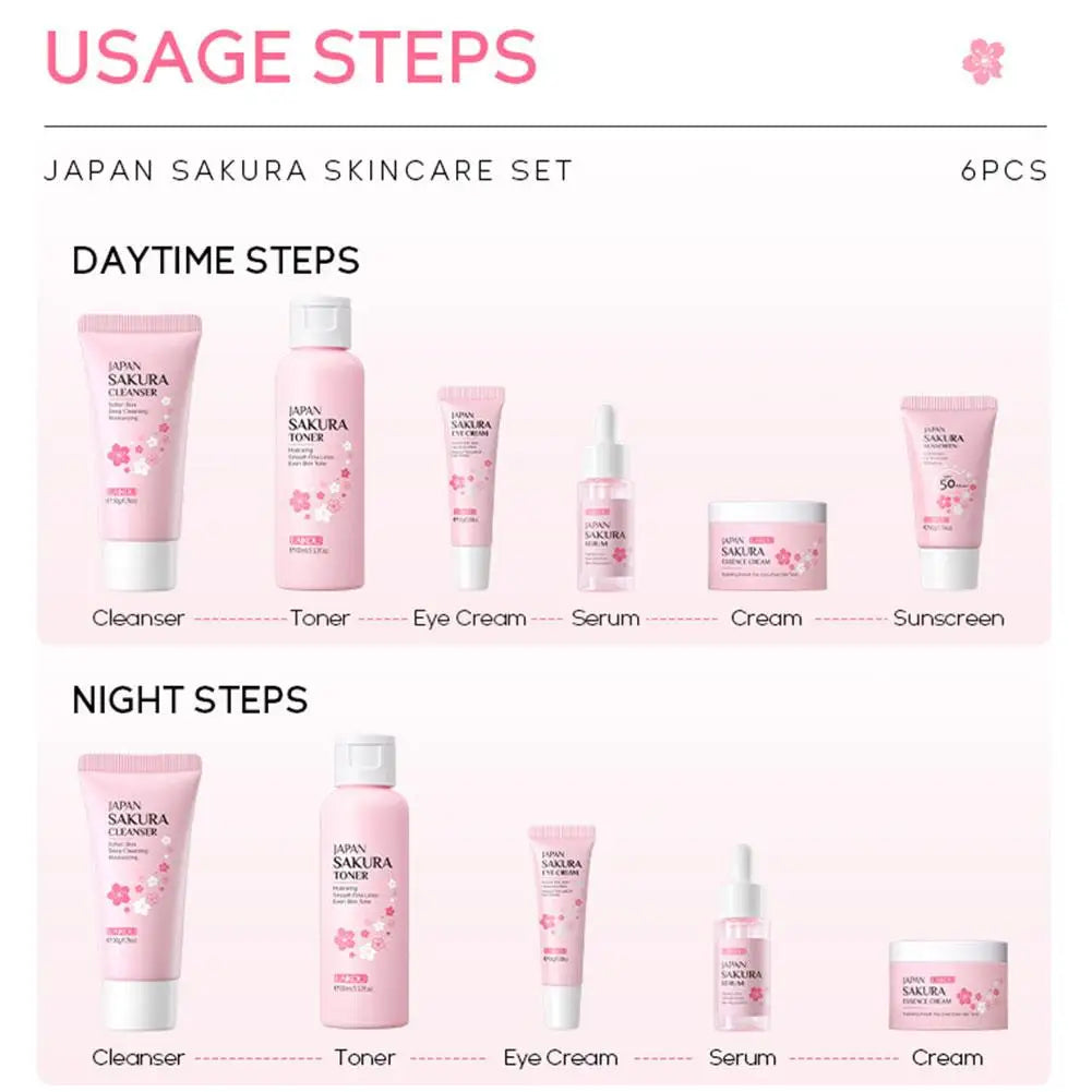 Sakura 6-Piece Skincare Gift Set — Face Cream, Serum, Toner, Cleanser, Sunscreen & Eye Cream
