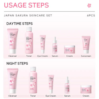 Sakura 6-Piece Skincare Gift Set — Face Cream, Serum, Toner, Cleanser, Sunscreen & Eye Cream