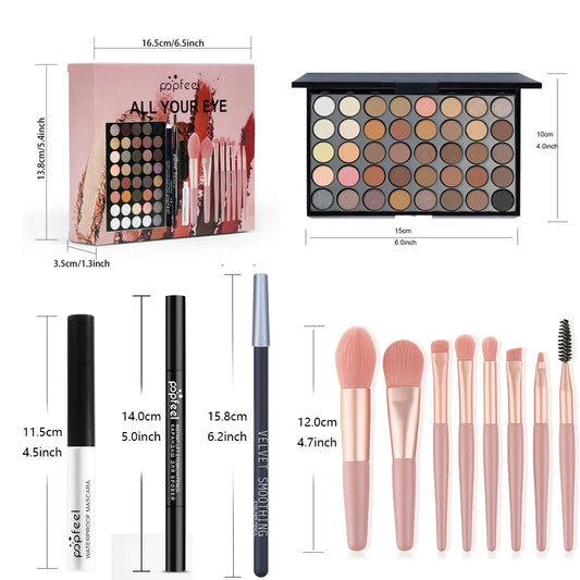 POPFEEL 40-Color Eye Makeup Set — Eyeshadow Palette, Eyebrow Pencil, Eyeliner, Mascara & Brushes