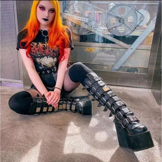 Gothic Cosplay High Heel Platform Wedge Boots — Buckle Strap Long Tube Leather Boots for Women (Plus Size)