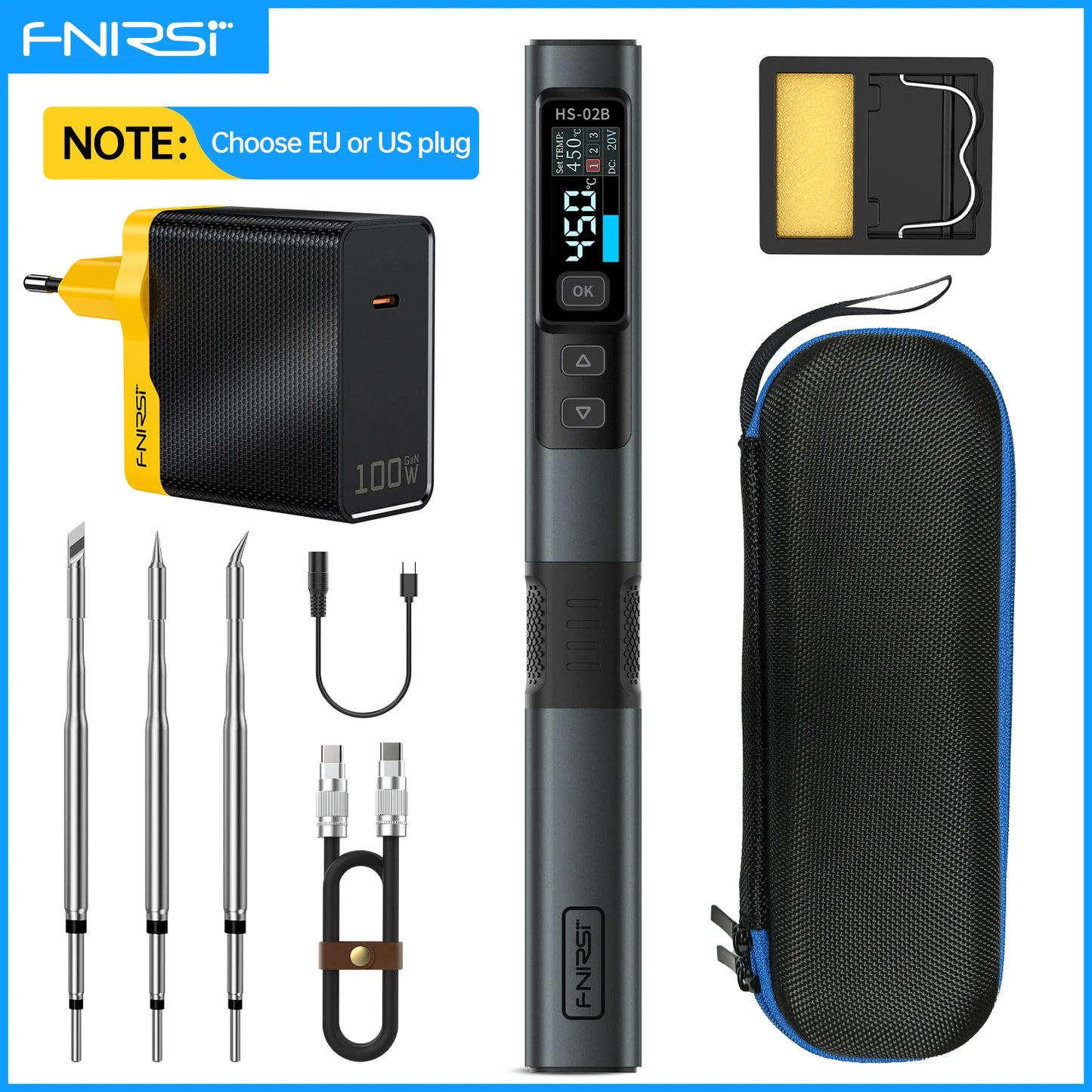 FNIRSI HS-02 Portable Soldering Iron — 100W PD, Adjustable 100-450°C Temperature & Fast Heating