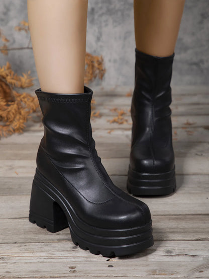 Women's Sexy Leather Short Boots — Square Toe Zipper High Heel Casual Thick Sole Ankle Boots