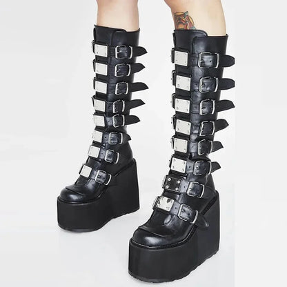 Gothic Cosplay High Heel Platform Wedge Boots — Buckle Strap Long Tube Leather Boots for Women (Plus Size)