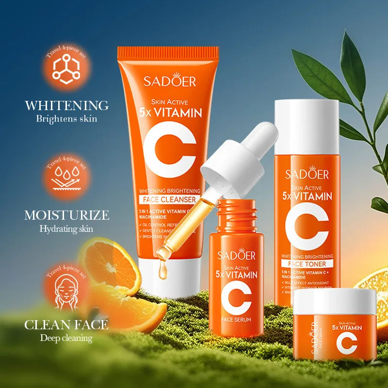 SADOER 5x Vitamin C 4-Piece Travel Skincare Kit — Whitening & Moisturizing Cleanser, Toner, Serum & Face Cream