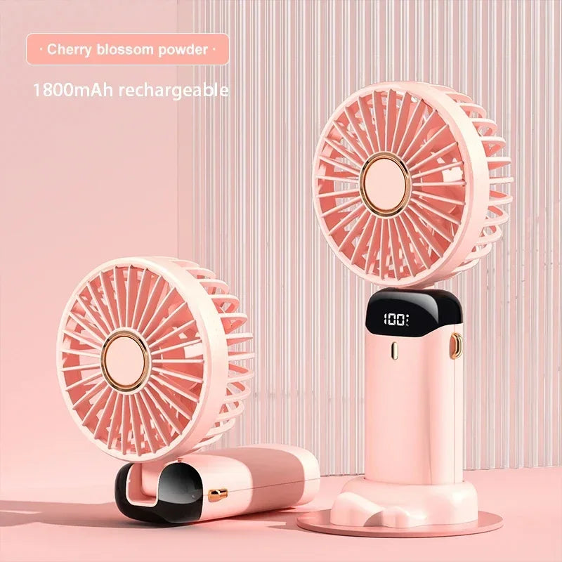 Portable Handheld & Neck Hanging Fan — 5-Speed USB Rechargeable Fan with Phone Stand & Display Screen (1800mAh)