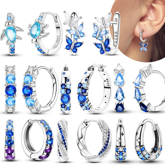 925 Sterling Silver Blue Zircon Butterfly Hoop Earrings — Colored Fine Jewelry for Women & Girls