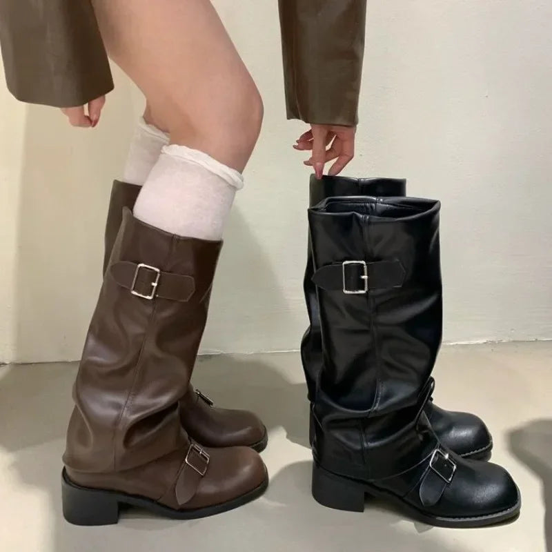 Knee High Platform Chunky Heel Boots — Punk Gothic New Rock Leather Motorcycle Boots for Women
