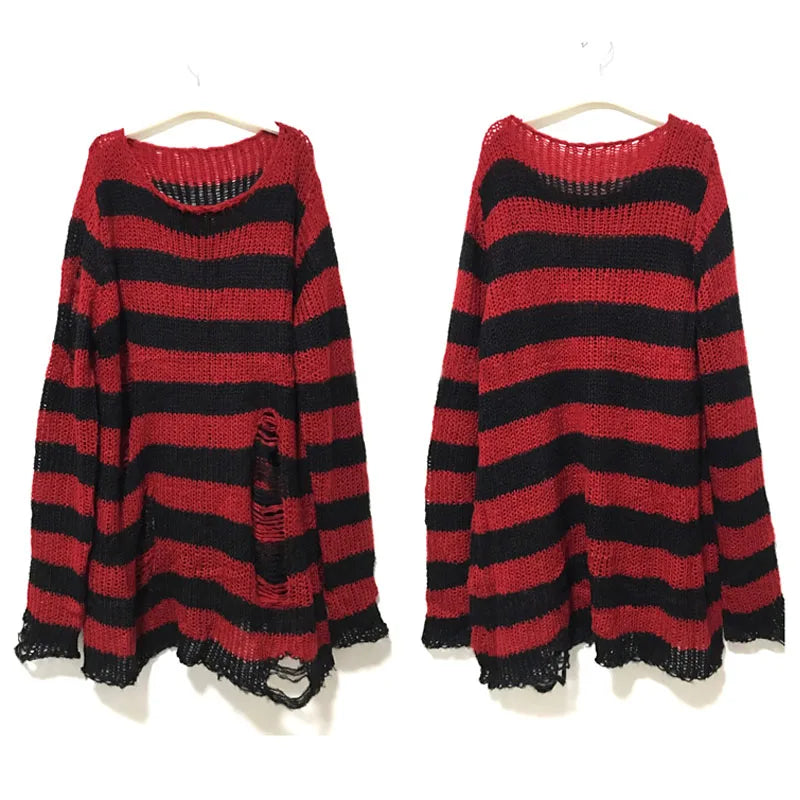 Punk Gothic Striped Sweater — Unisex Hollow-Out Rock Streetwear Top