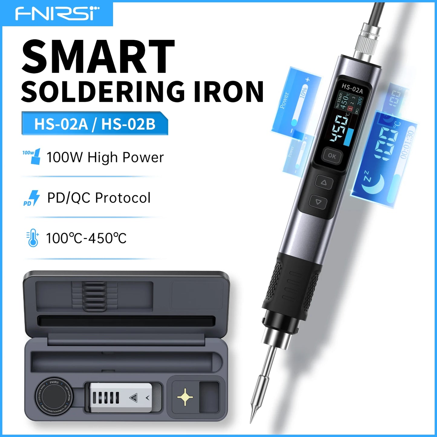 FNIRSI HS-02 Portable Soldering Iron — 100W PD, Adjustable 100-450°C Temperature & Fast Heating