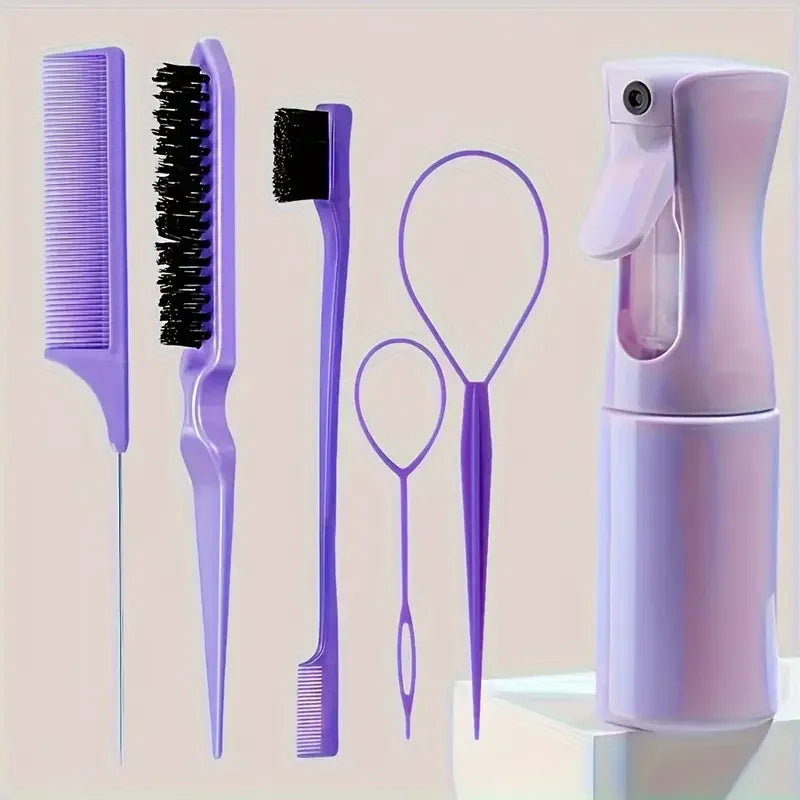 6-Piece Hair Brush & Styling Tool Set — Spray Bottle, Braiding Loop, Rat Tail Comb, Teasing Brush & Edge Control Brush
